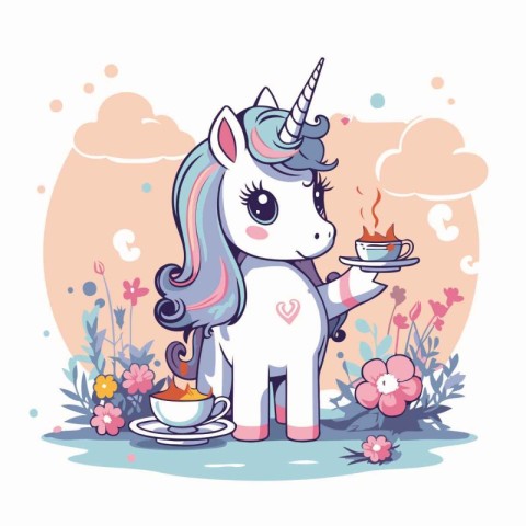 Cute cartoon unicorn with a cup of coffee and flowers. Vector il