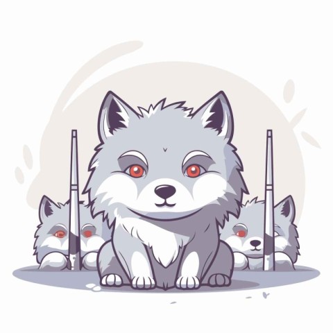 Cute cartoon wolf sitting on the ground with fishing rods. Vecto