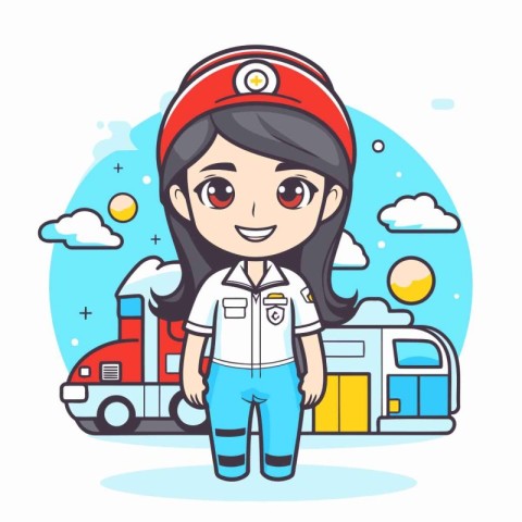 Cute girl in uniform with train. Cartoon character. Vector illus