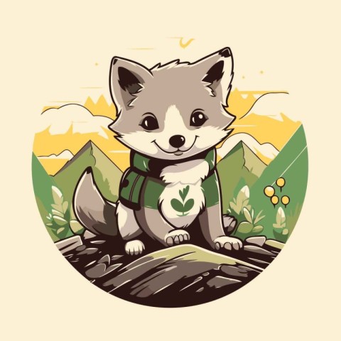 Vector illustration of a cute fox with a backpack in the forest.