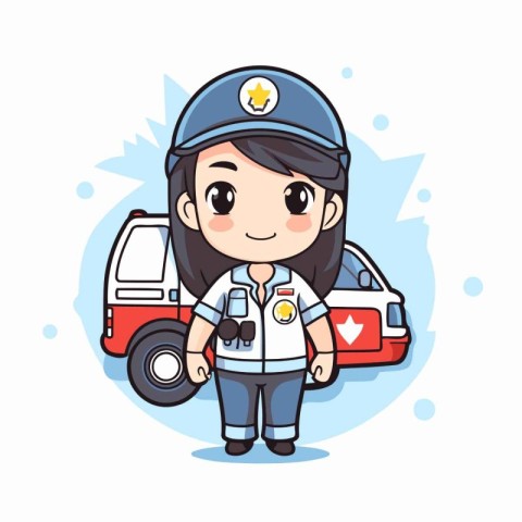 Cute cartoon girl with police car and ambulance. Vector illustra