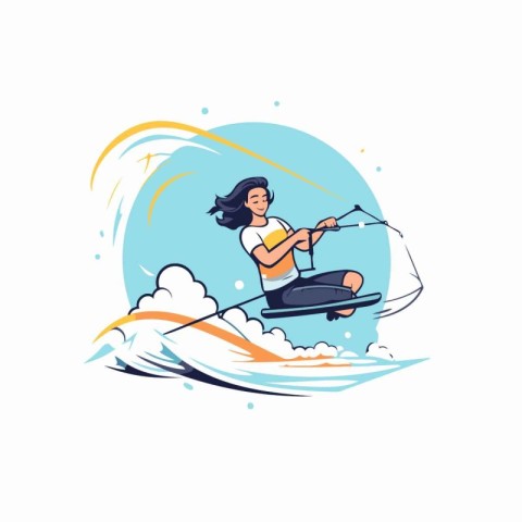 Kitesurfing vector illustration. Surfer girl on a surfboard.