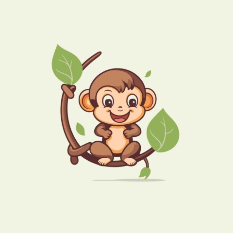 Cute monkey sitting on a branch with leaves. Vector illustration