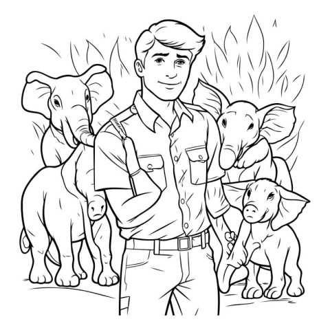 Outline illustration of a man standing next to his group of elep