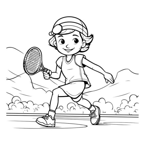 Cartoon illustration of a girl playing tennis. Coloring book for