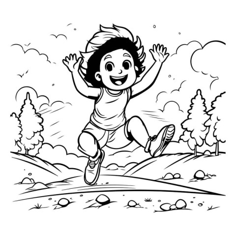 Black and White Cartoon Illustration of Happy Little Girl Runnin