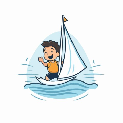 Cartoon boy riding a sailboat on the sea. Vector illustration