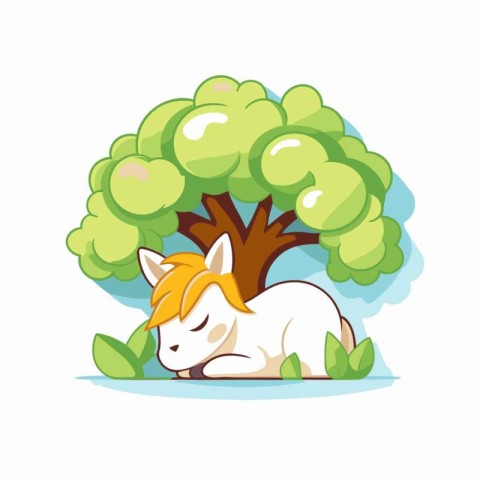 Illustration of a cute cartoon dog sleeping under a tree. Vector