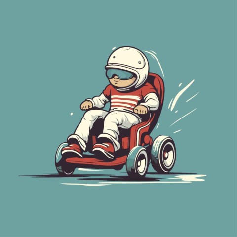 illustration of a child in a helmet on a racing car.