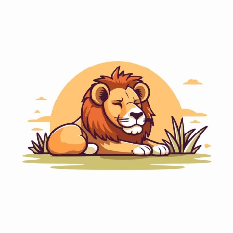 Cartoon lion lying on the grass. Vector illustration on white ba