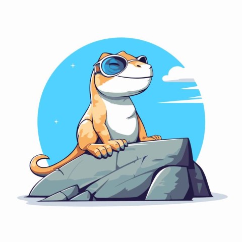 Funny cartoon dog with glasses sitting on the rock. Vector illus