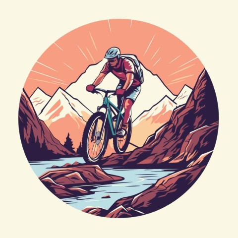 Mountain biker riding a bike in the mountains. Vector illustrati