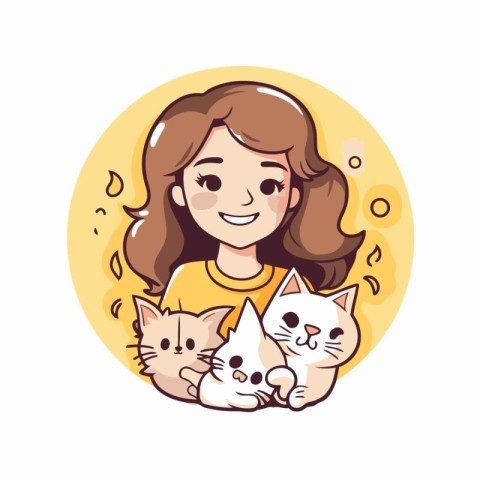 Cute girl and her cats. Vector illustration on white background.