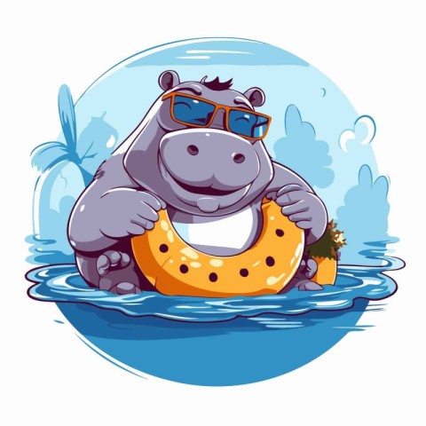 Hippo in sunglasses on an inflatable ring. Vector illustration.