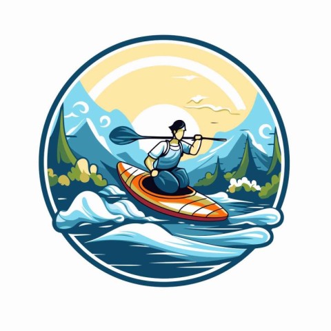 Kayaking in the mountains. Vector illustration of a man paddling