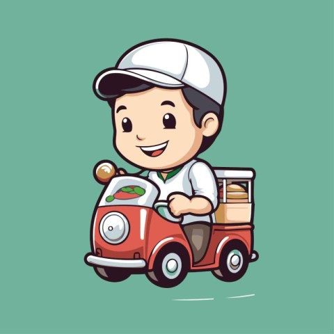 Cute cartoon delivery boy on a toy car. Vector illustration.