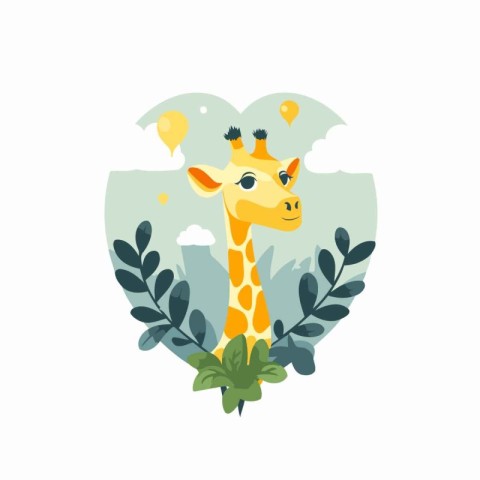 Giraffe in the frame of leaves. Flat vector illustration.