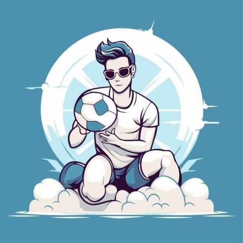 Soccer player sitting on the cloud with ball. Vector illustratio