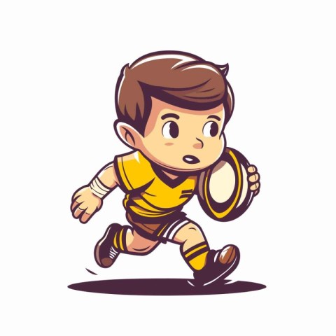 Cute little boy running with rugby ball cartoon vector illustrat