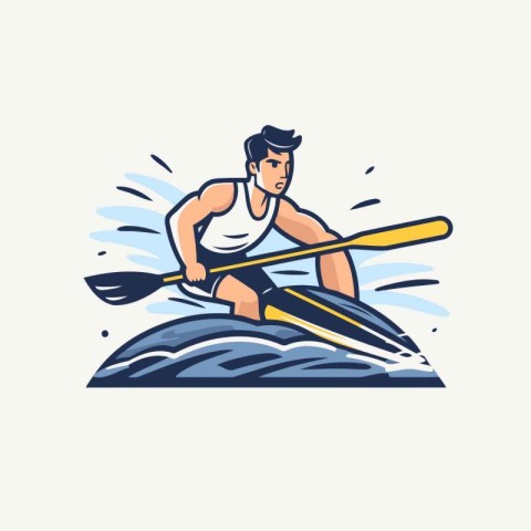 Sporty man rowing on a kayak. Vector illustration.