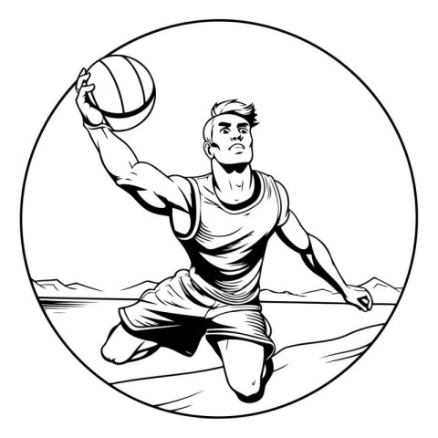 Illustration of a basketball player jumping with ball set inside