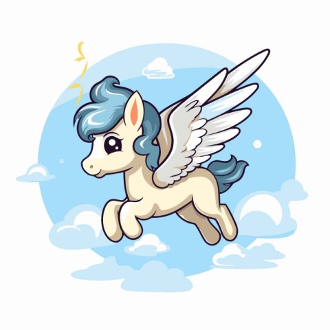 Cute cartoon unicorn with wings flying in the sky. Vector illust