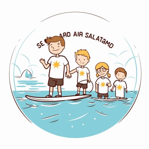 Illustration of a boy on a surfboard with his friends.