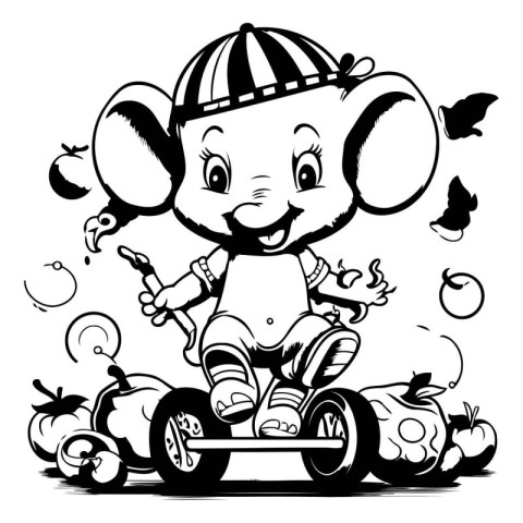 Elephant riding a car with apple and butterfly - black and white