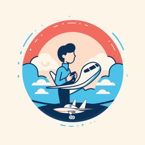 Vector illustration of man flying on airplane. Flat line style d