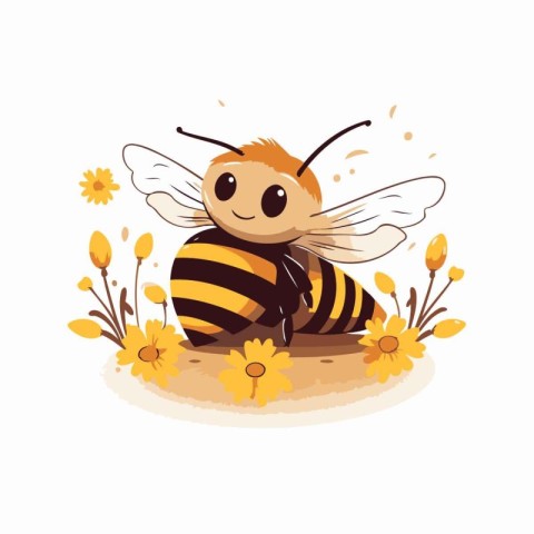 Cute cartoon bee with flowers. Vector illustration on white back