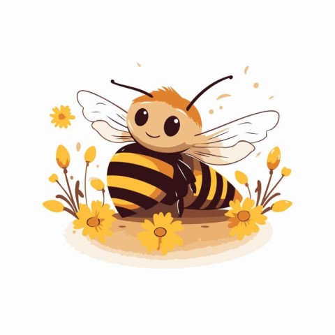 Cute cartoon bee with flowers. Vector illustration on white back