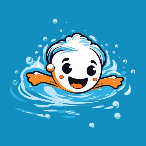 Swimming boy in the pool. Funny cartoon character. Vector illust