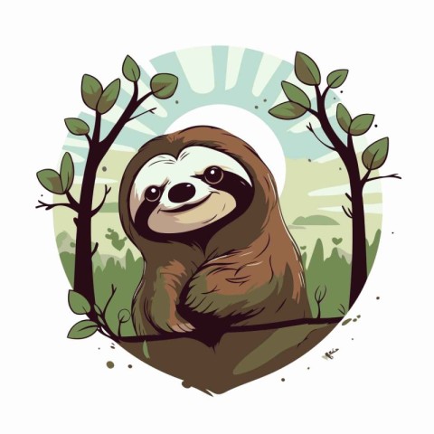 Cute cartoon sloth in the jungle. Hand drawn vector illustration