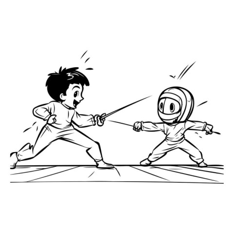 Cartoon illustration of a boy fighting with a sword. Vector illu