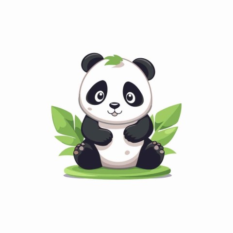 Cute cartoon panda sitting on green grass. Vector illustration.