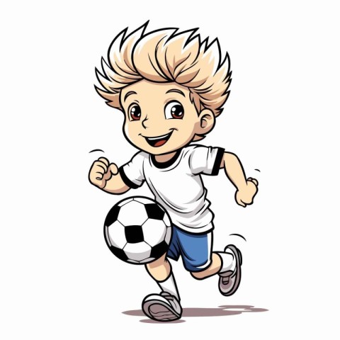 Cartoon boy playing soccer. Vector illustration isolated on whit