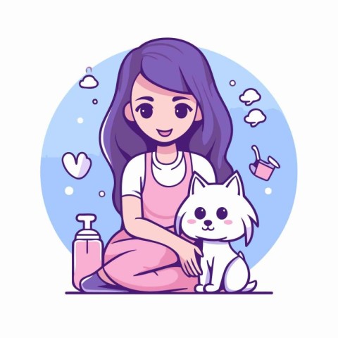 Cute girl with white cat. Vector illustration in cartoon style.