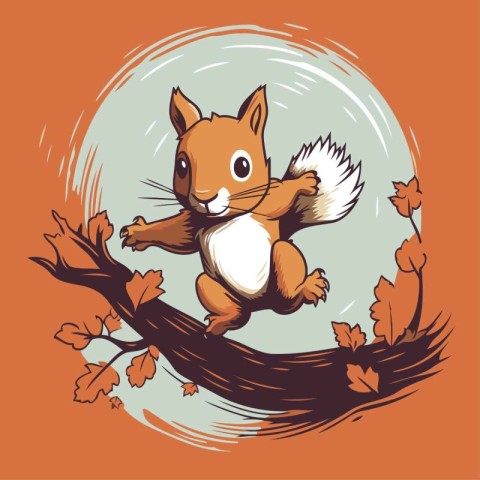 Squirrel on a branch with autumn leaves. Vector illustration in