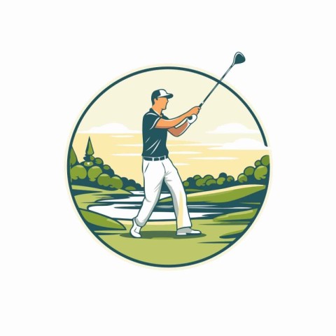 Golf player hitting shot with club on course. Vector illustratio