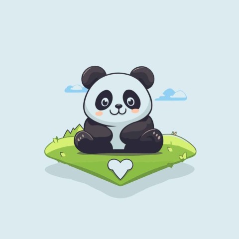 Cute panda sitting on grass with heart. Vector illustration.