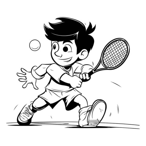 Tennis Player - Black and White Cartoon Illustration of a Tennis