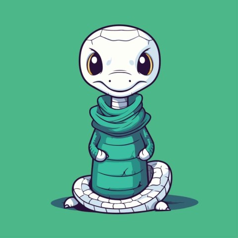 Cute cartoon snake in green scarf. Vector illustration on green