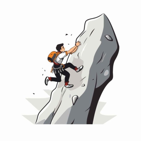 Young man climbing on a rock. Vector illustration in cartoon sty