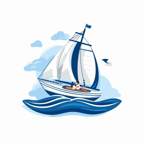 Sailing boat on the sea. Vector illustration on white background