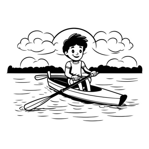 cute boy rowing a canoe in the lake cartoon vector illustration