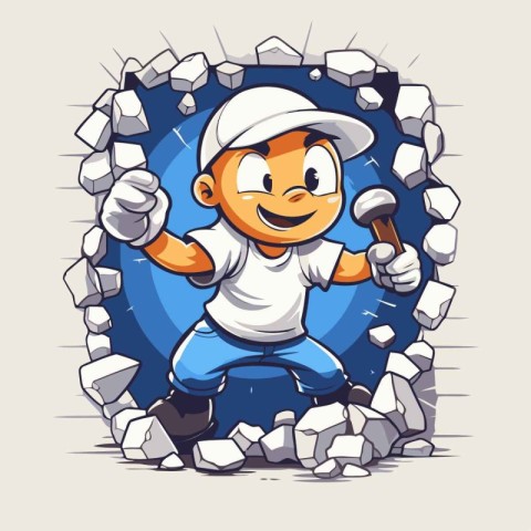 Cartoon baseball player breaking through the wall. Vector clip a