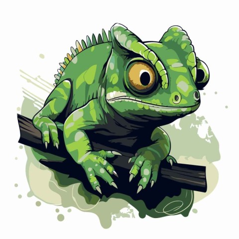 Green chameleon on a white background with splashes. Vector illu