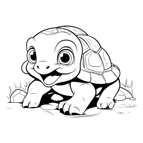 Cute Cartoon Tortoise - Black and White Vector Illustration. Iso