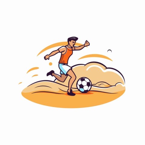 Soccer player running with ball on the beach. Vector illustratio