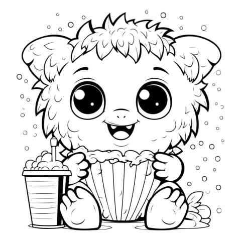 Black and white illustration of a baby bear eating popcorn. Colo